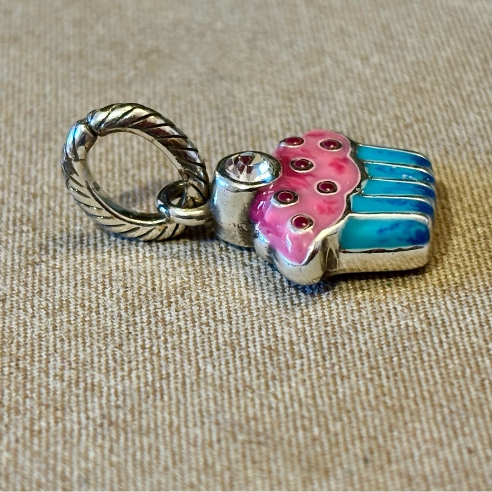 🆕 Brighton Cupcake charm Pink & blue enamel on silver Crystal on top Retired - Picture 2 of 7